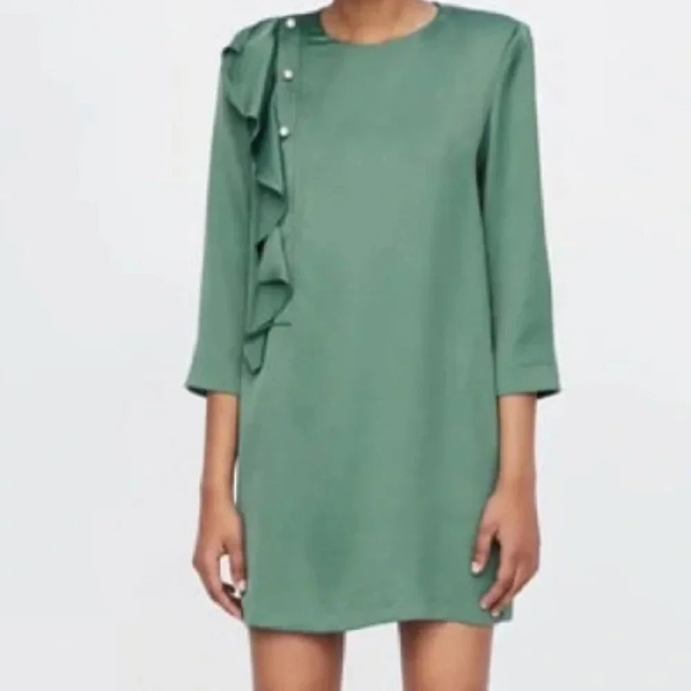 Zara Sage Green Mini Dress with Ruffle Detail